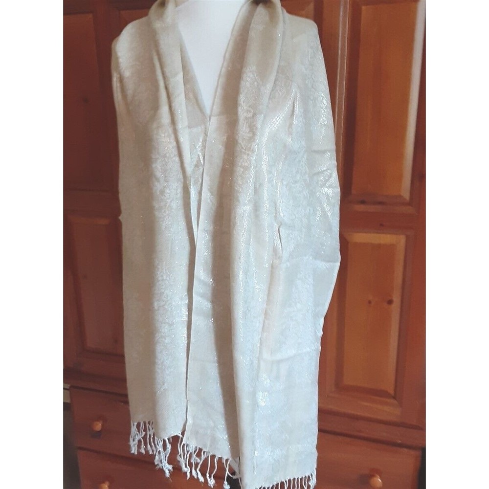 White House Black Market Scarf Wrap Jacquard Metallic Neutral Silver 21x72" New